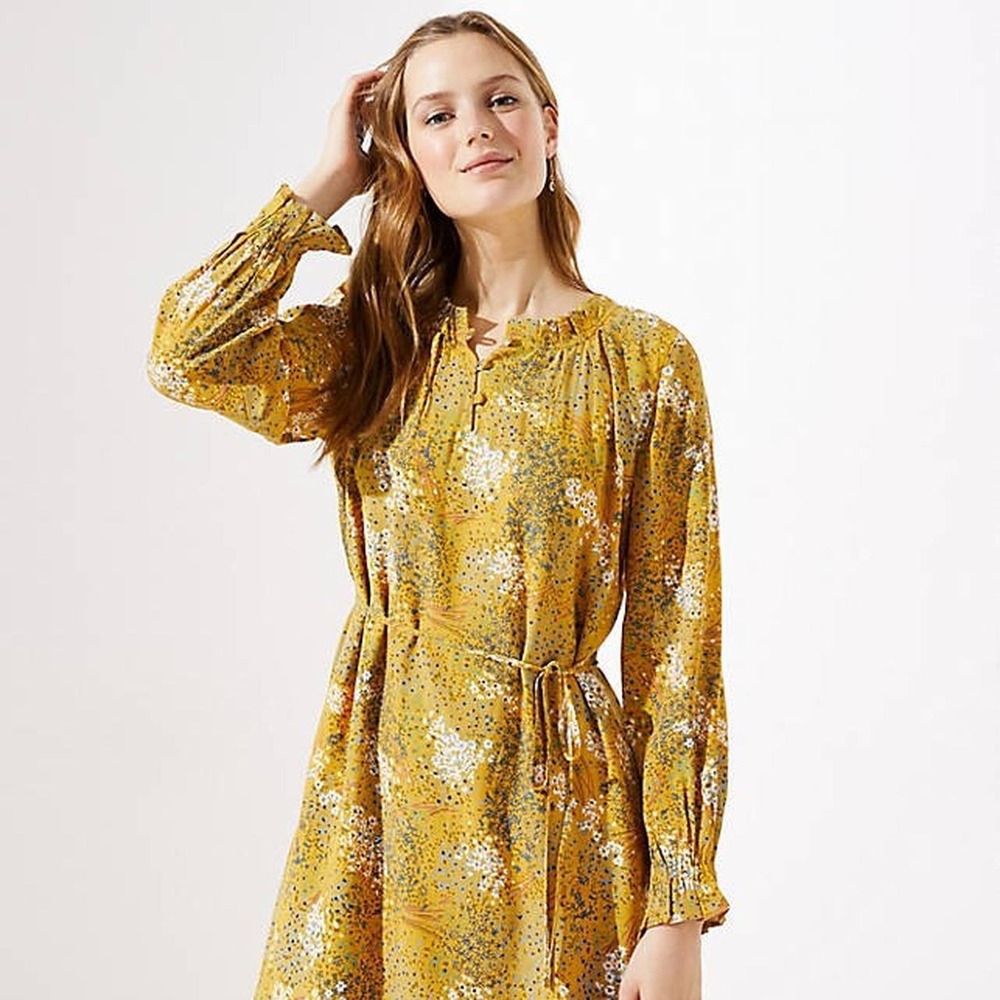 Loft Plus Meadow Meloday Yellow Floral Long Sleeve Tie Waist Dress Size 16 NEW